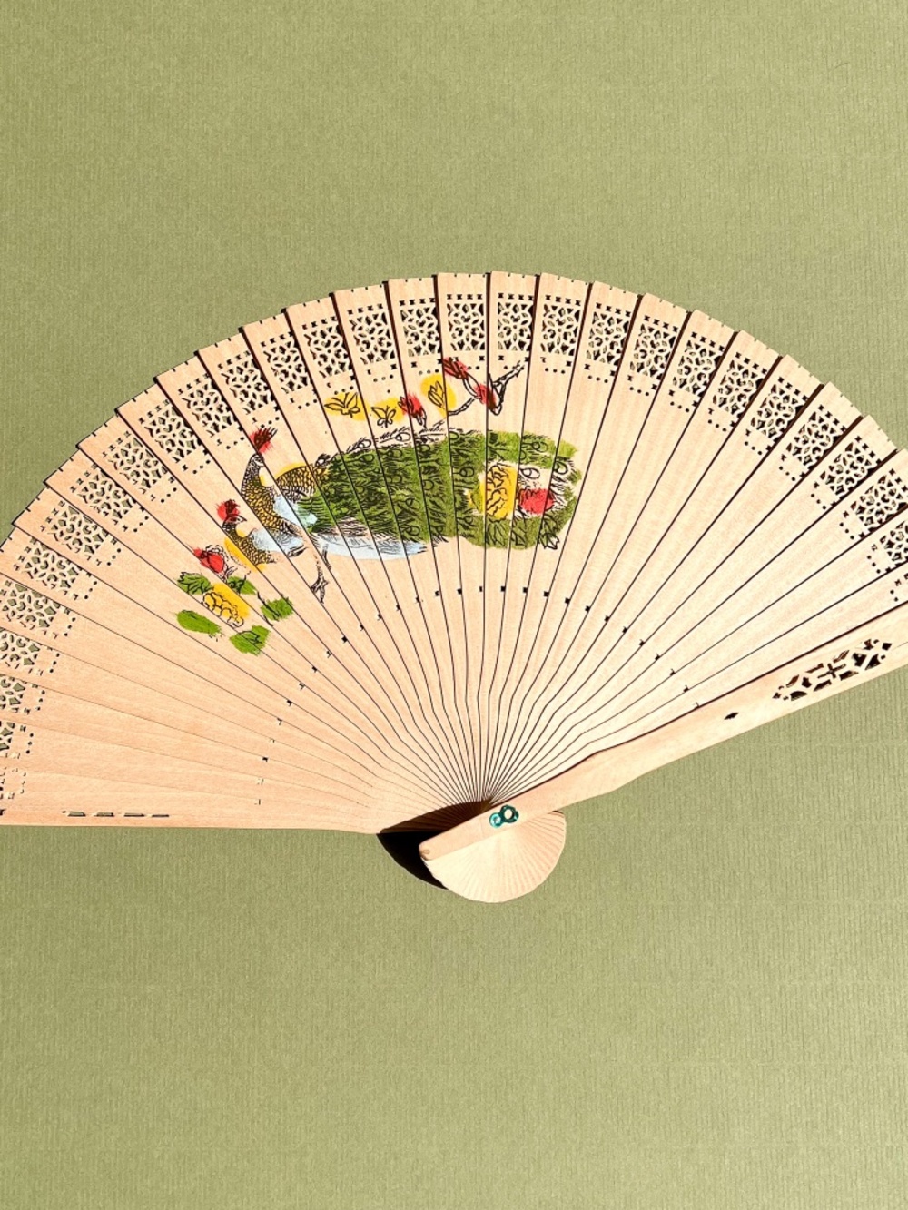 Vintage 1990s Laser Cut Wood Fan With Printed Peacock